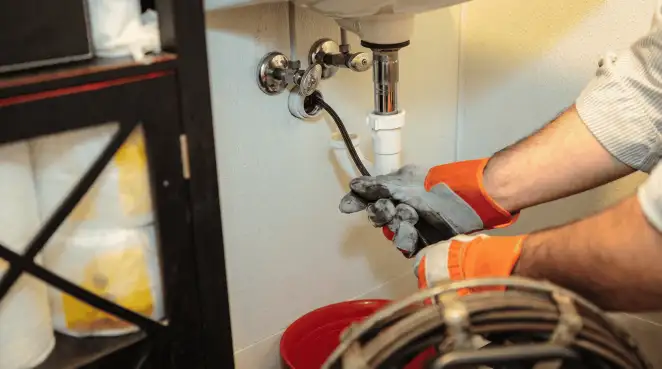 Drain cleaning technician using a motorized plumbing snake to clear a clogged sink pipe in El Paso, TX